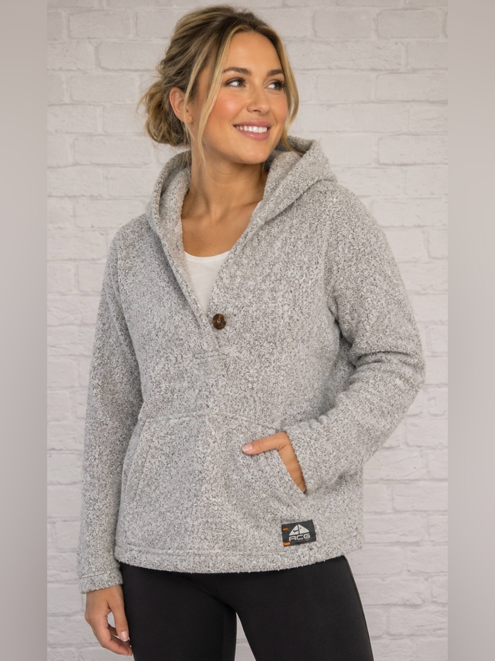 Nike ACG Sherpa Hooded pullover sweatshirt top light Heather gray Button front
